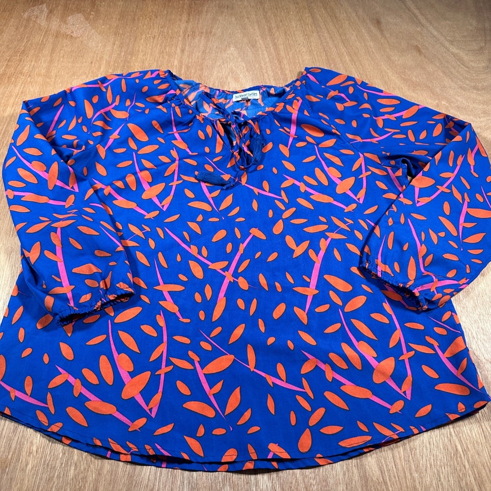 Buckhead Betties Womens XL Blue Orange Tassel Tie Blouse 3/4 Sleeve Boho Top